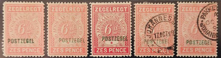 Transvaal 6d ZEGELREGT (Revenue stamp) overprinted POSTZEGEL (Postage) 3x mint and 2x used examples.