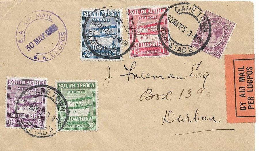 1925 Airmail cover 21d rate as it includes the full set of air mail stamps issued 26 February 1925.