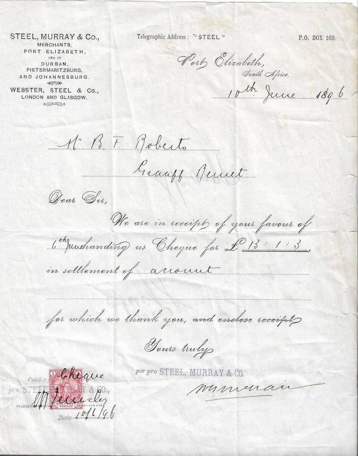 Cape of Good Hope receipt issued 10th June 1896 by Steel and Murray and Co Port Elizabeth.