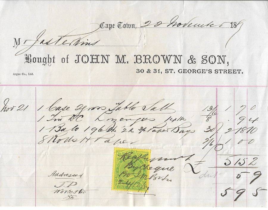 Cape of Good Hope receipt 1d duty dated and signed Cape Town 22 November 1887. (NR129)
