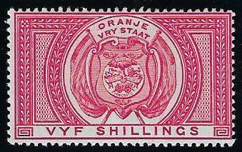 Orange River Colony 5s mint SACCF9 catalogue value R2000.