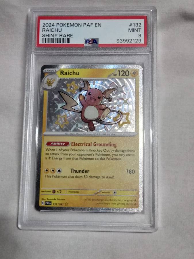 Pokemon Trading Cards Graded PSA 9 Mint - Raichu 132/091 Paldean Fates Shiny Rare 2024