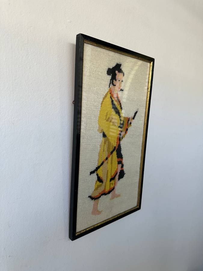Framed Textile Art, Needlepoint Samurai - Finished Size 22.5cm x 40.5cm (Clear Glass)
