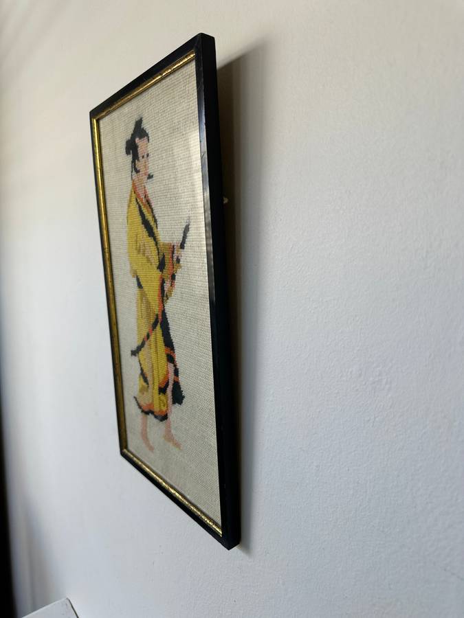 Framed Textile Art, Needlepoint Samurai - Finished Size 22.5cm x 40.5cm (Clear Glass)