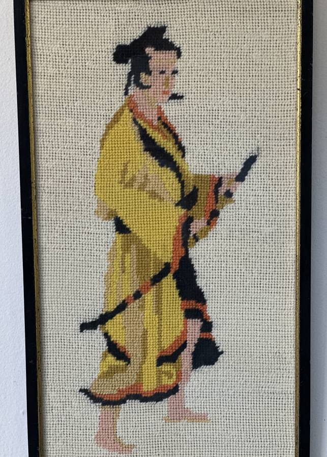 Framed Textile Art, Needlepoint Samurai - Finished Size 22.5cm x 40.5cm (Clear Glass)