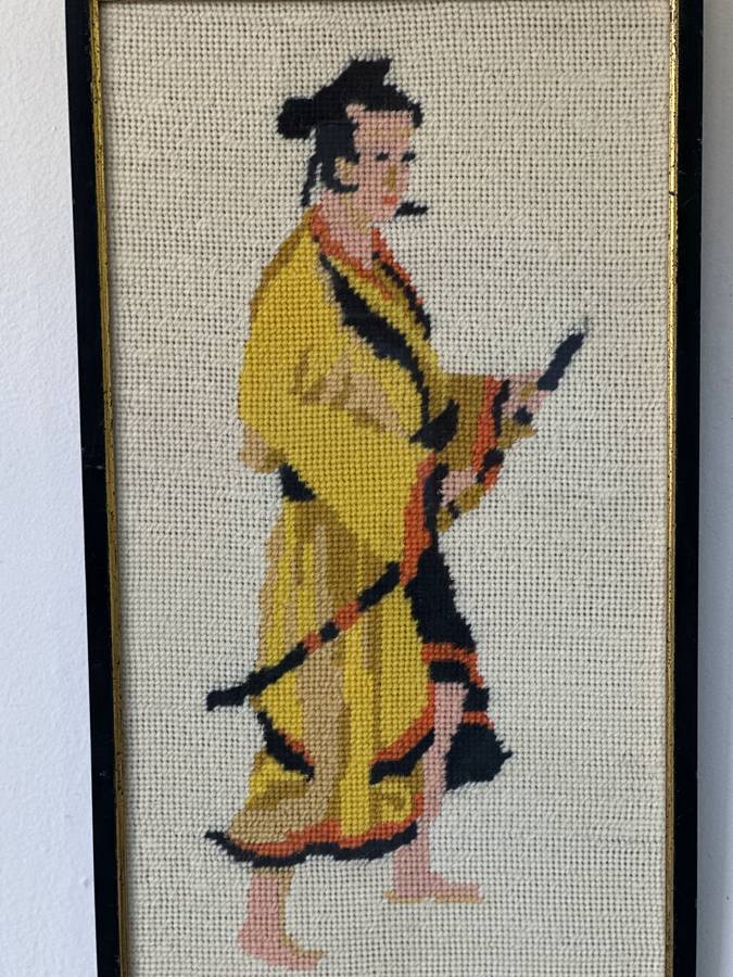Framed Textile Art, Needlepoint Samurai - Finished Size 22.5cm x 40.5cm (Clear Glass)