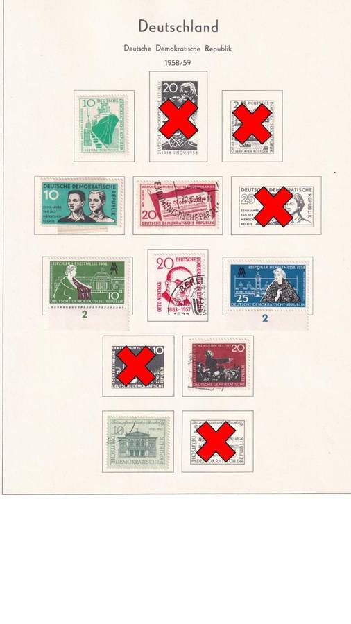 Used Germany DDR stamps on album page. 1 bid for all. Red cross stamp not available.