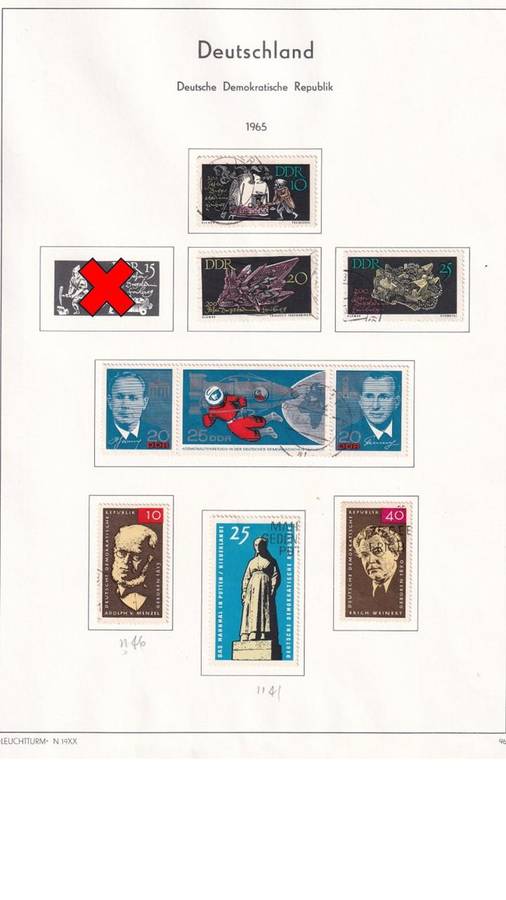 Used Germany DDR stamps on album page. 1 bid for all. Red cross stamps not available.