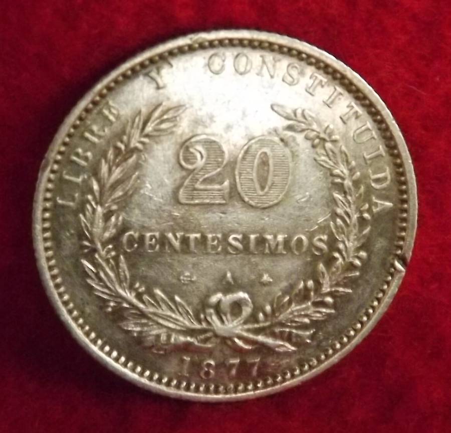 Very RARE 1877 Uruguay 20 Centesimos- Silver chop mark