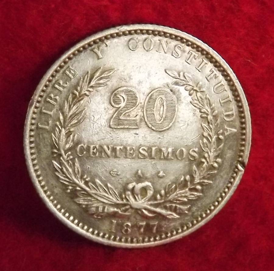 Very RARE 1877 Uruguay 20 Centesimos- Silver chop mark