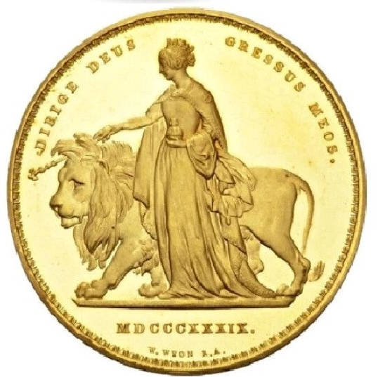 1839 1-Oz Deep Cameo Proof  Queen Victoria UNA 24 Kt gold-plated Restrike