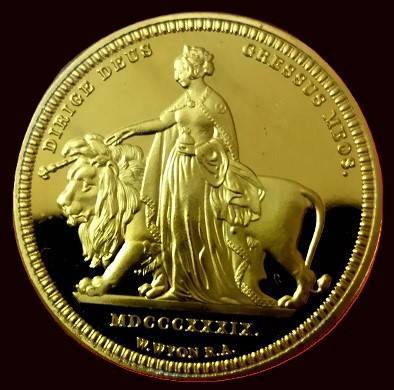 1839 1-Oz Deep Cameo Proof  Queen Victoria UNA 24 Kt gold-plated Restrike