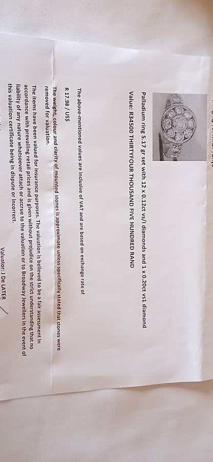 Palladium and diamond cluster ring