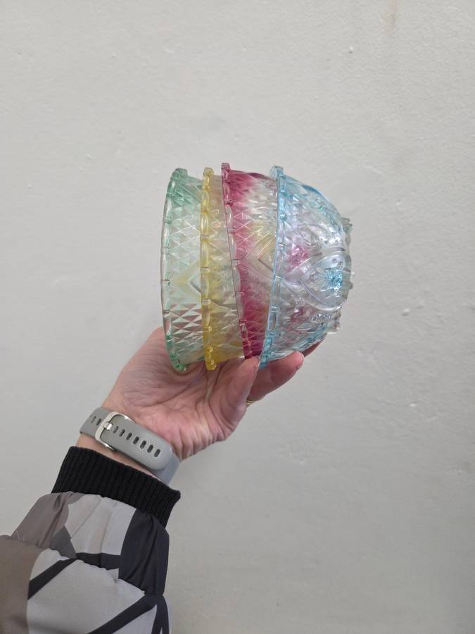 4 x Vintage colored glass pudding bowls with beautiful detail