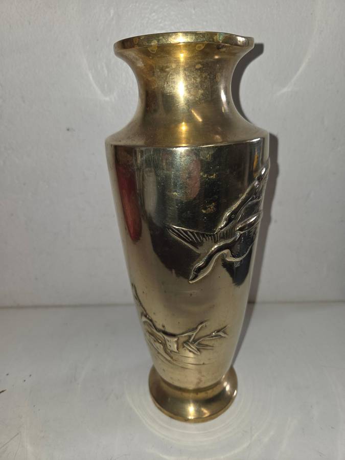Large Heavy brass vase with bird detail - Height - 27cm