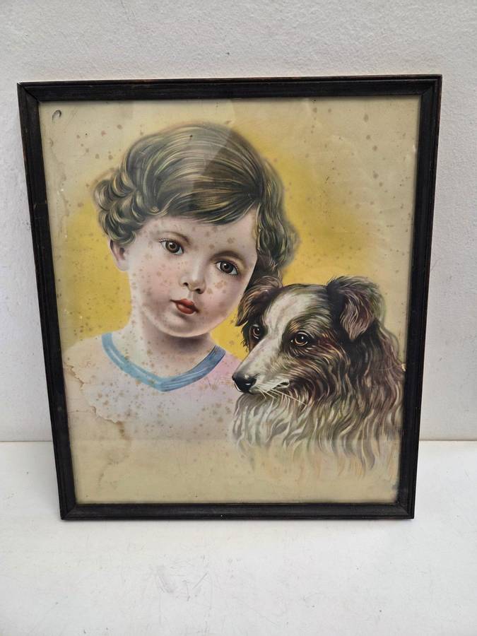 Beautiful Vintage print - child with dog in vintage Wooden Frame - Yellow marks due to age - 38x33cm