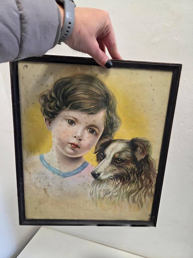 Beautiful Vintage print - child with dog in vintage Wooden Frame - Yellow marks due to age - 38x33cm