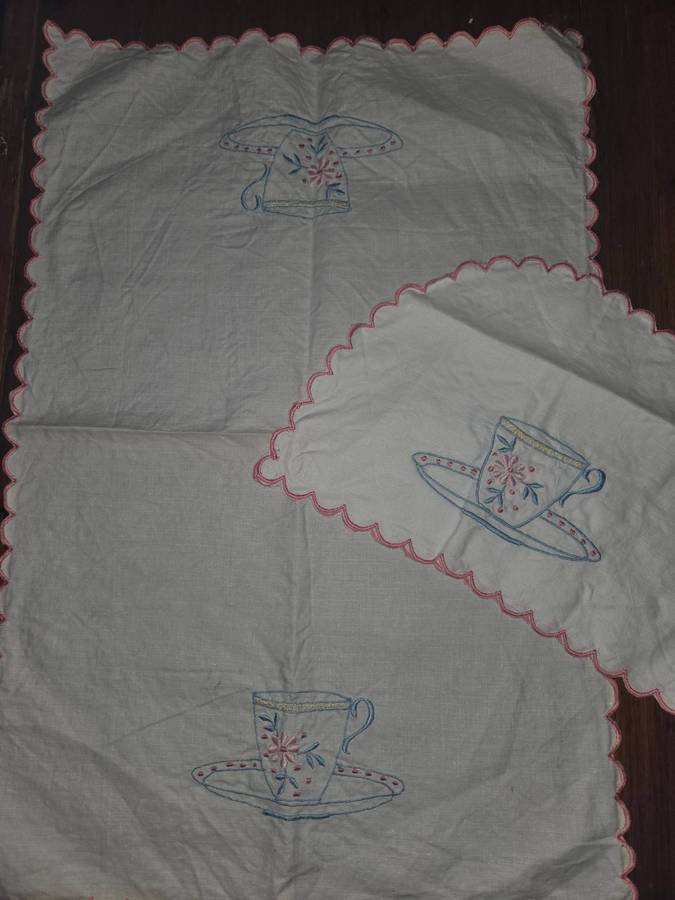 Vintage Embroidered Tea Tray cloth and Teapot cozy set