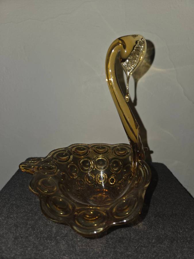 Vintage Kanawha Art Amber Swan Glass Bowl - Candy or Trinket dish - Mid-century modern art glass