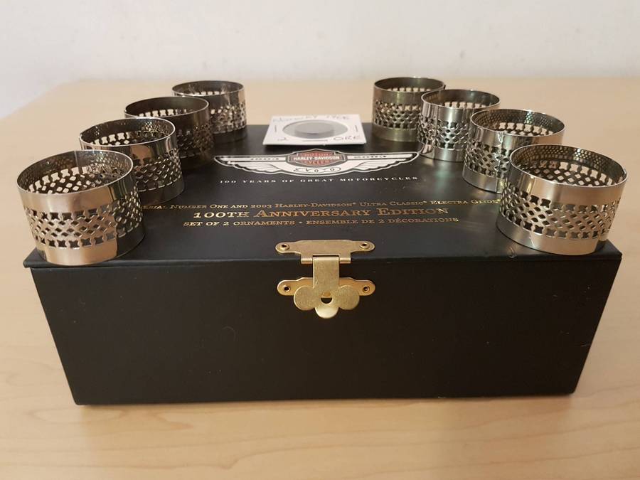 Harley Davidson Gift Box + 8 x Napkin Rings + 1906 Norway 2 Ore Coin
