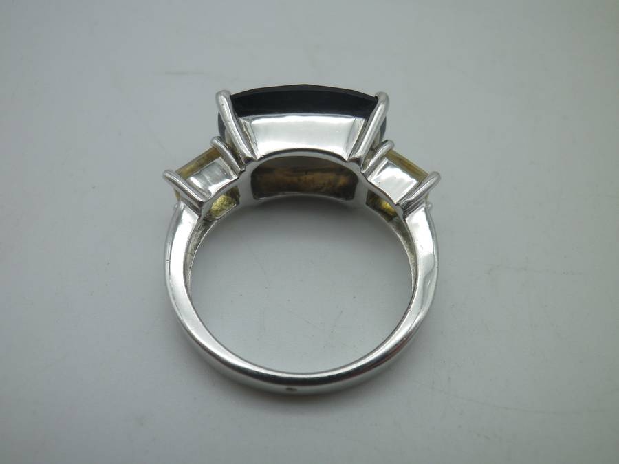 Splendid Sterling Silver Smoky Quartz & 2 citrine Vintage Ring. Rhodium plated. Size: P. 6g