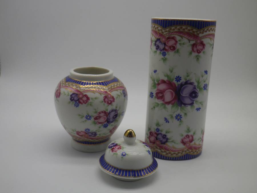 BEAUTIFUL VINTAGE LIMOGES France TRINKET JAR & HOLDER Set DESIGNED BY PIERRE DUMAS FILS