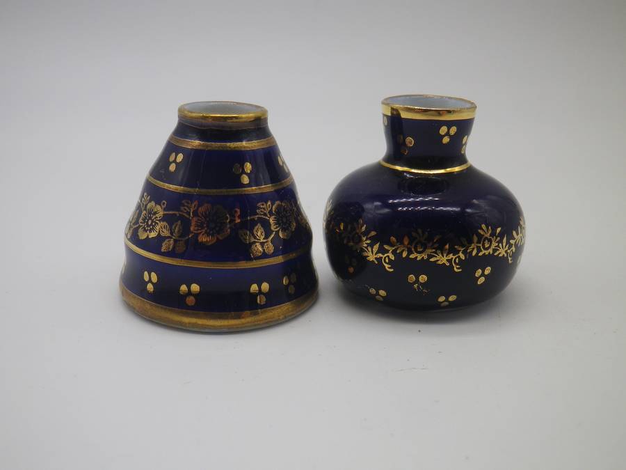 Pair Miniature LIMOGES FRANCE ceramic Cobalt blue & gold vase. 3.5cm tall