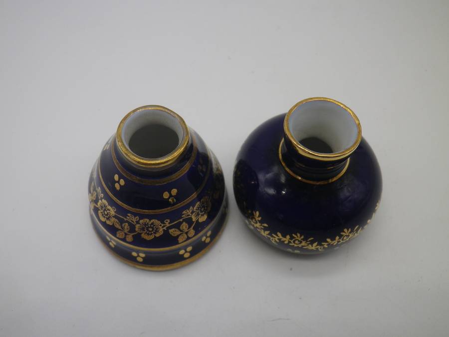 Pair Miniature LIMOGES FRANCE ceramic Cobalt blue & gold vase. 3.5cm tall