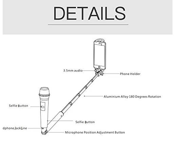 Selfie Stick Microphone, Aluminum Alloy Selfie Mic Extendable Monopod Built-in Remote Shutter Selfie