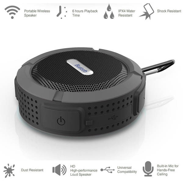 Shower Speaker, Wireless Waterproof Speaker with 5W Driver, Suction Cup, (Black)