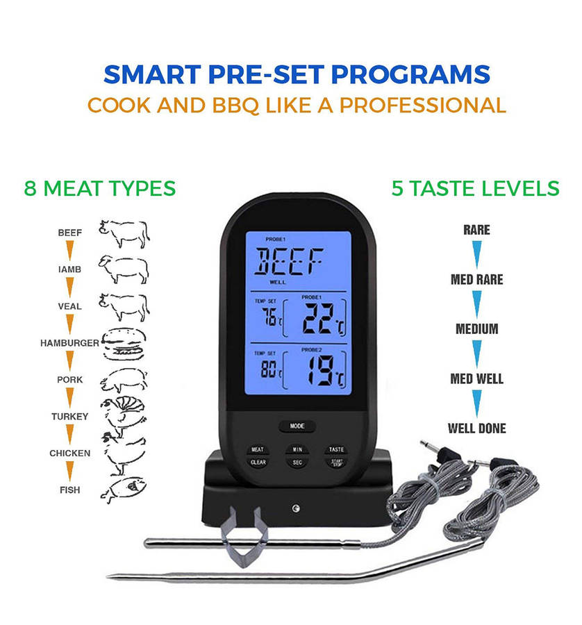 Wireless Digital Cooking Thermometer with Timer - Black