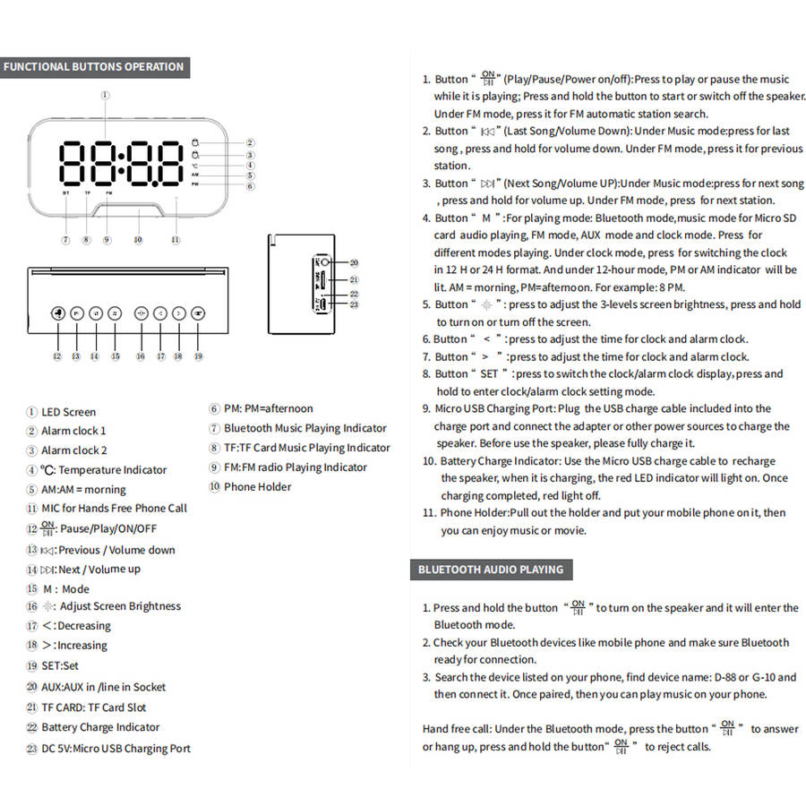 MultiFunction LED Mirror Digital Alarm Clock Bluetooth Speaker FM Radio