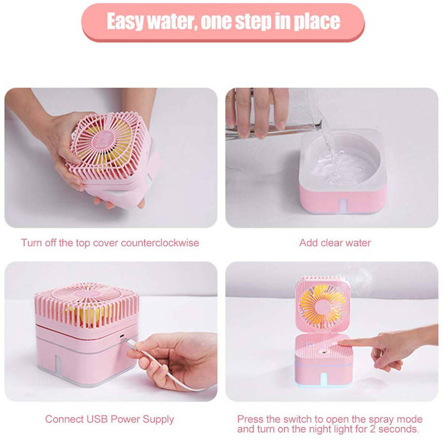 Portable 2-In-1 Mini Desk USB Magic Cube Fan Humidifier - Pink
