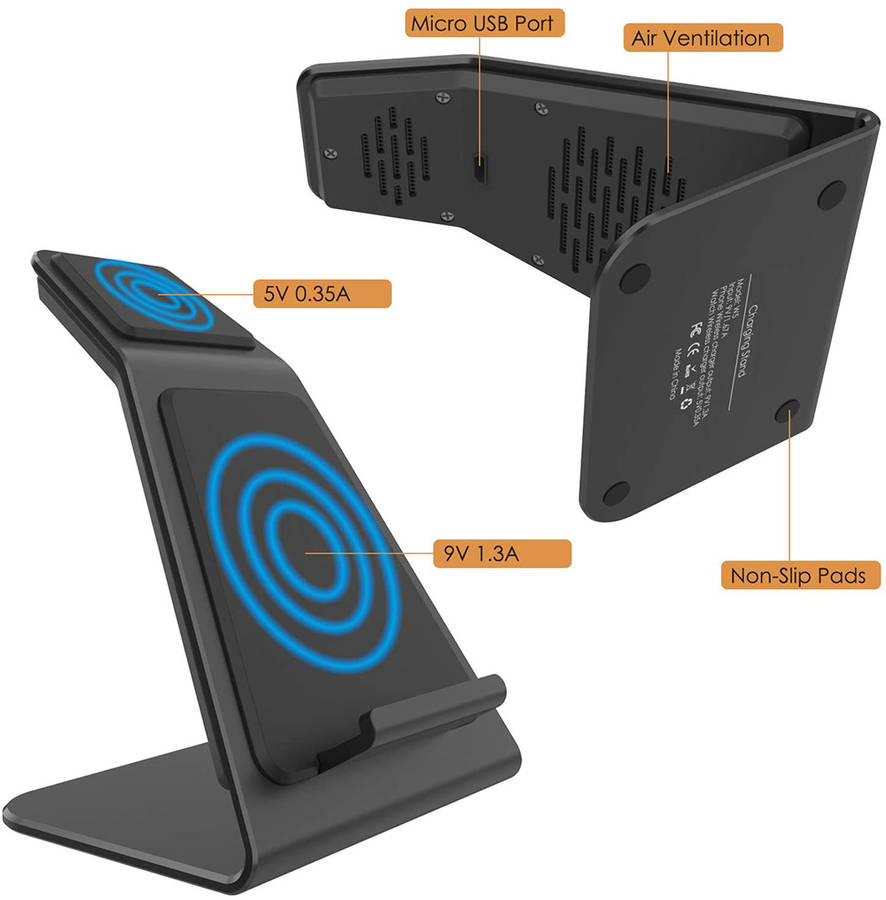 2-in-1 Wireless Charging Dock Station for iPhones & iWatches-Black