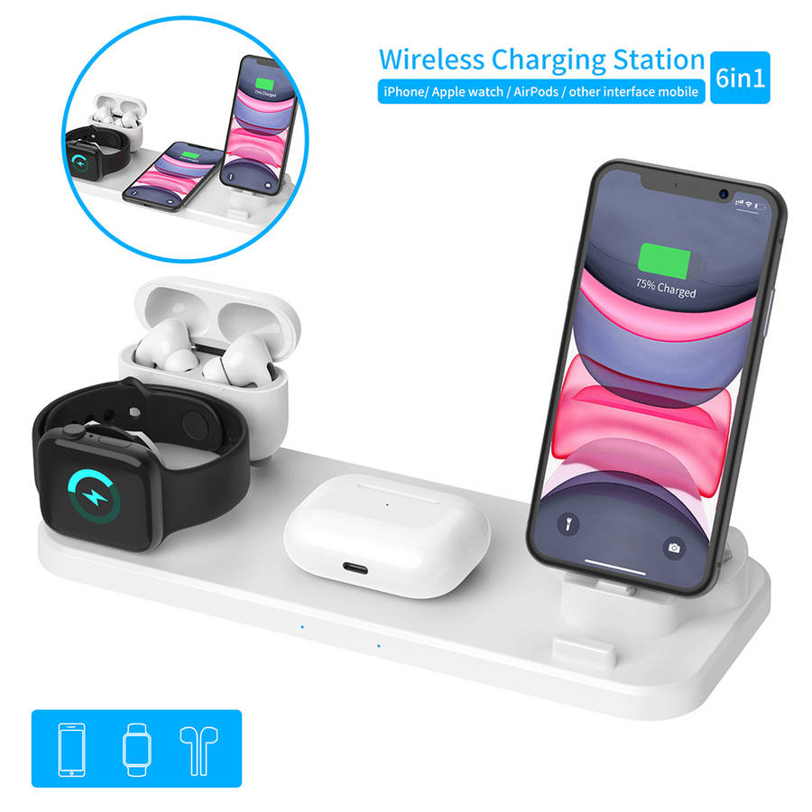 6 in 1 Wireless Charging Dock for iWatch/Airpods Pro/iPhone 11Pro-White