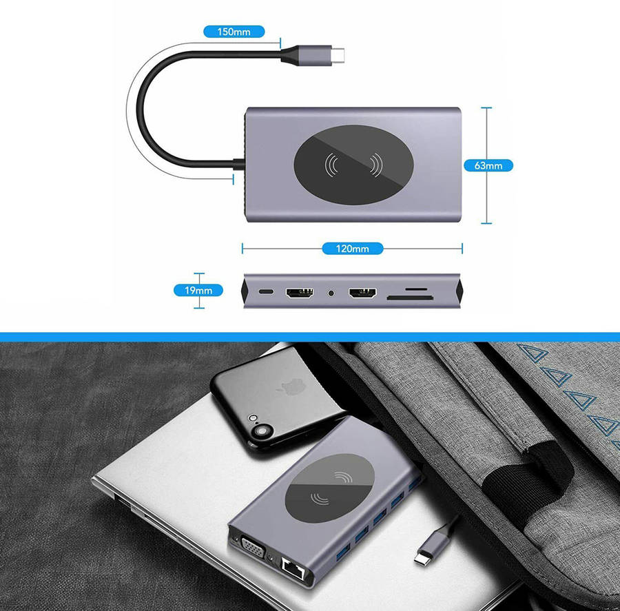 14-in-1 USB-C Hub Laptop Docking Station & Wireless Charger