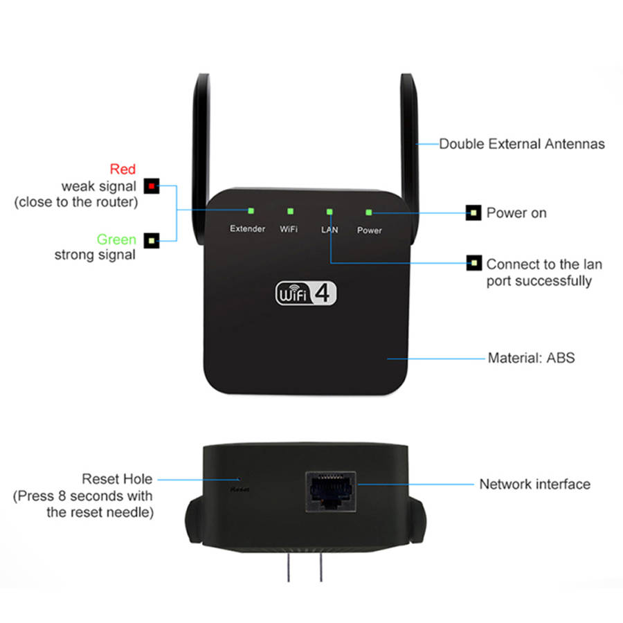 2.4G Wireless WiFi Repeater 300Mbps Wi-Fi Long Range Extender - Black