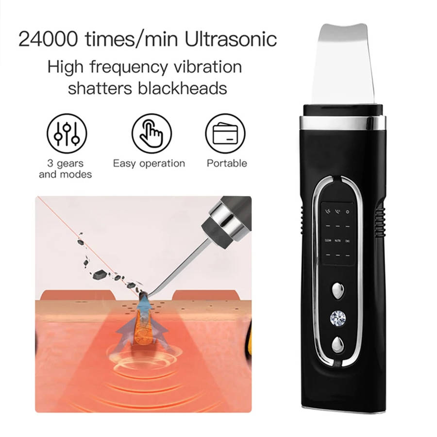 Ultrasonic Deep Face Cleaning Machine Skin Scrubber Shovel - Black