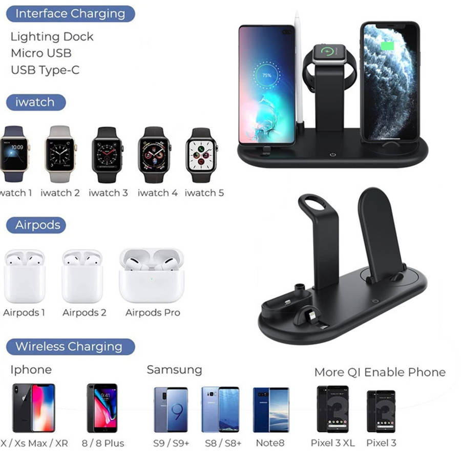 Mutifunction 7 in 1 Rotatable Wireless Charger Stand with Nightlamp Black