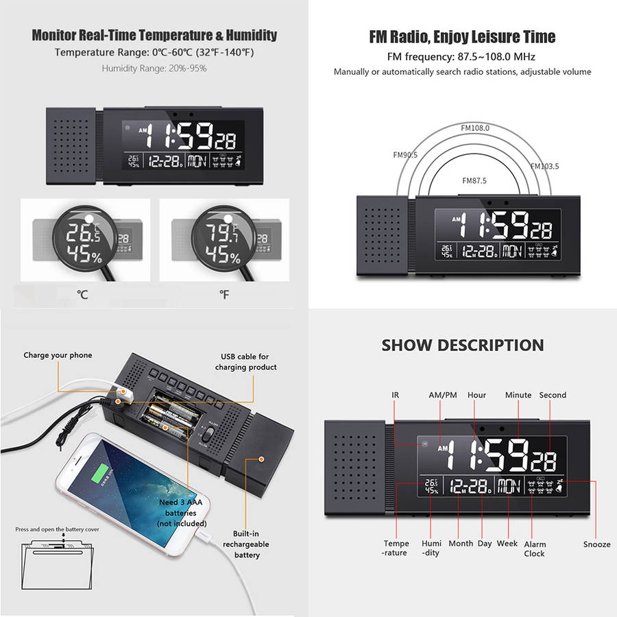 Digital Alarm Clock with 7 Color Night Light Humidity IR Function FM Radio