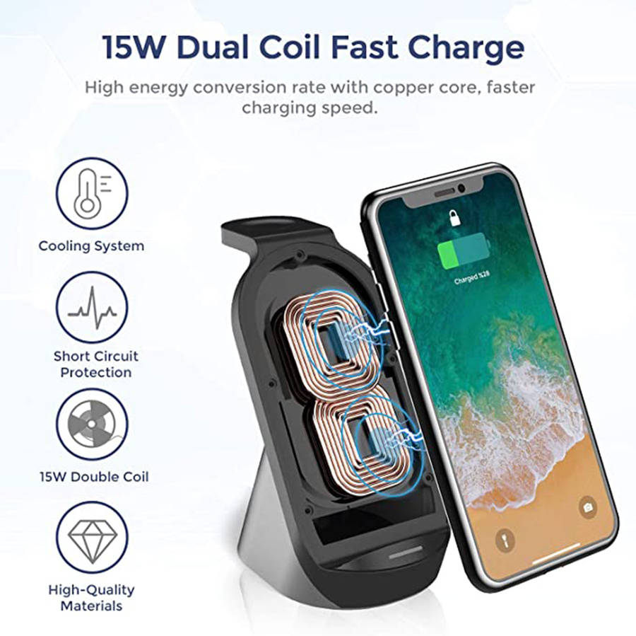 3 in 1 Wireless Charging Station For iPhone12Pro/AirPods Pro/iWatch5 Black