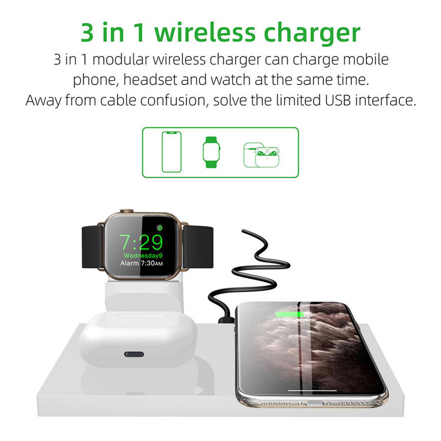 3 in 1 Modular Wireless Charger for iPhone 12/Airpods/Apple Watch - White