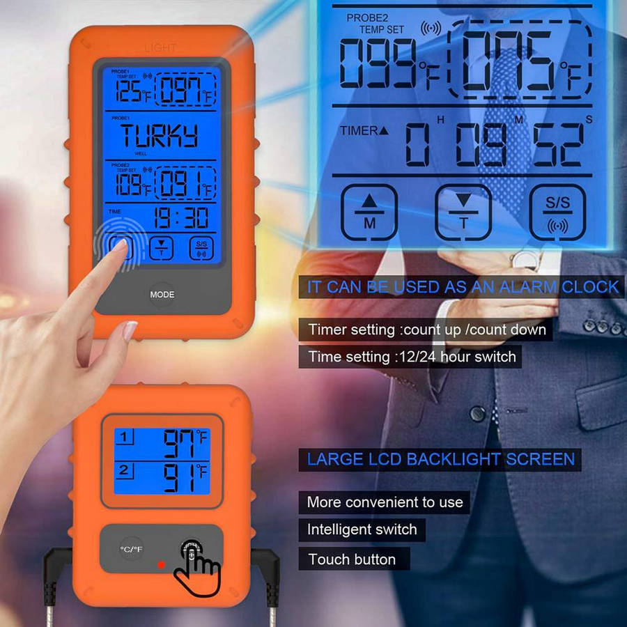 Dual Probe Wireless Digital BBQ Thermometer With Timer & Touch Screen