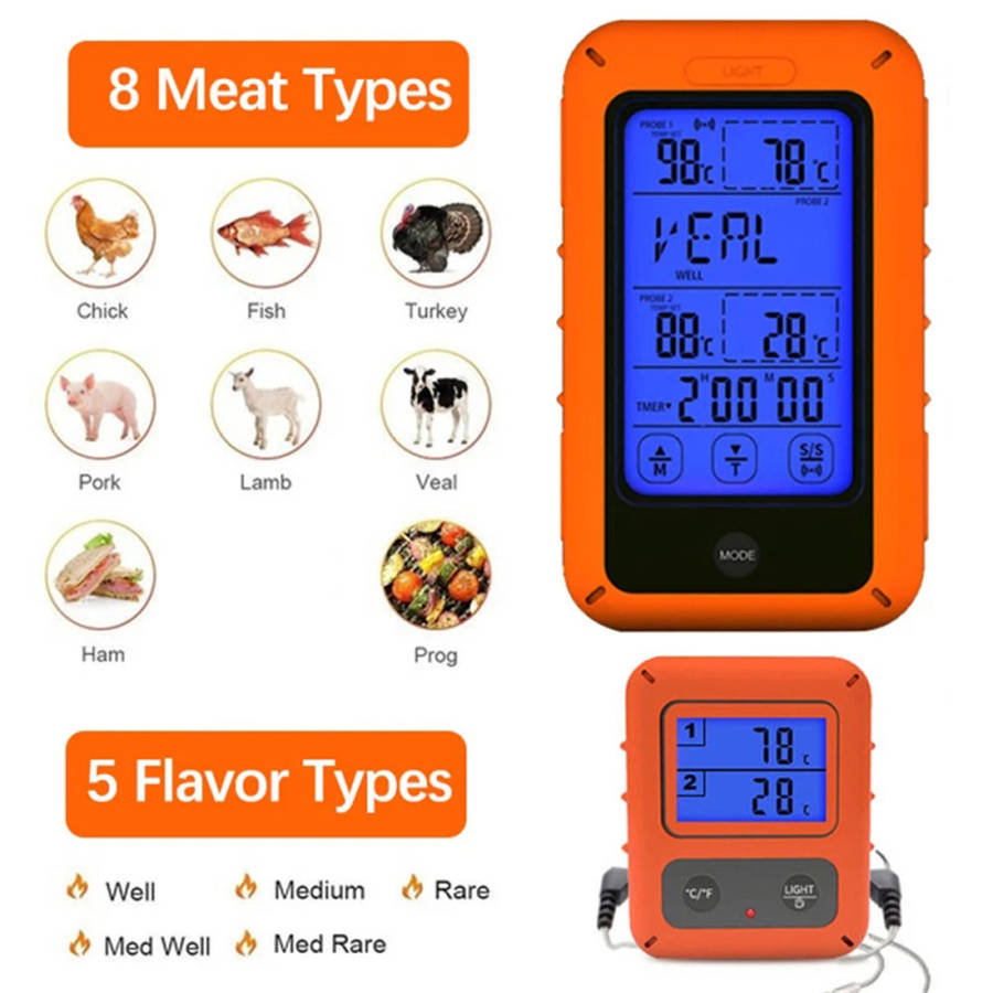 Dual Probe Wireless Digital BBQ Thermometer With Timer & Touch Screen