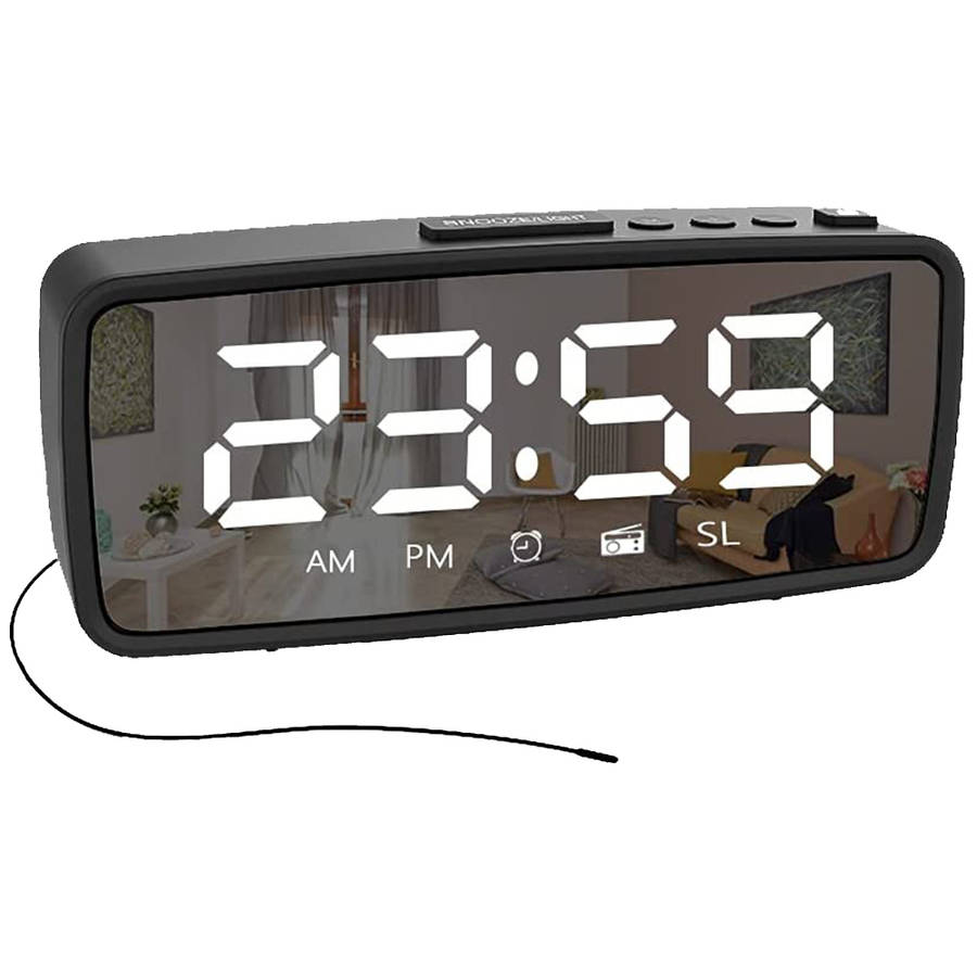 Digital Alarm LED Mirror Clock with FM Radio Snooze 3 Levels Dimmer - Black