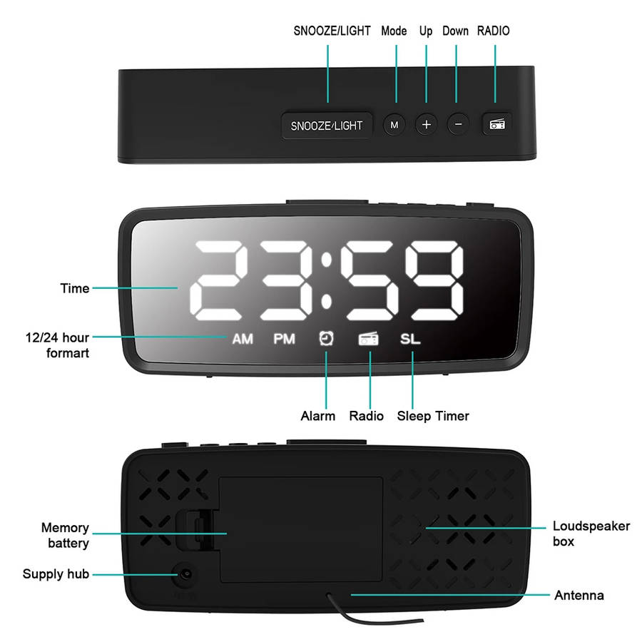 Digital Alarm LED Mirror Clock with FM Radio Snooze 3 Levels Dimmer - Black