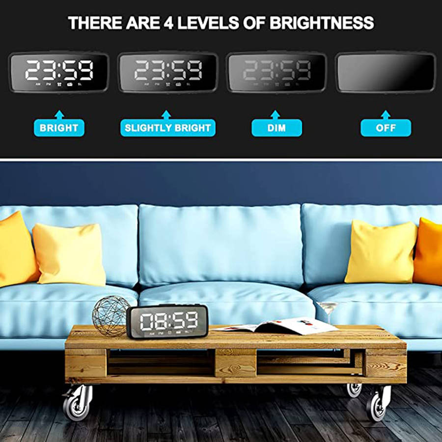 Digital Alarm LED Mirror Clock with FM Radio Snooze 3 Levels Dimmer - Black