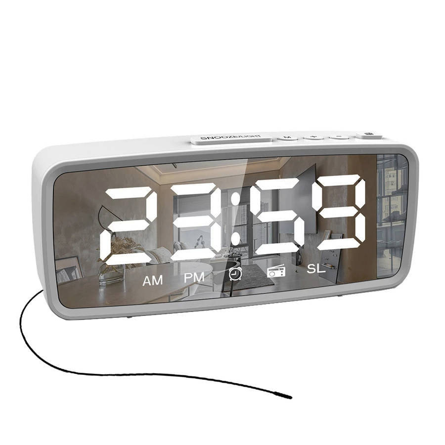 Digital Alarm LED Mirror Clock with FM Radio Snooze 3 Levels Dimmer - White