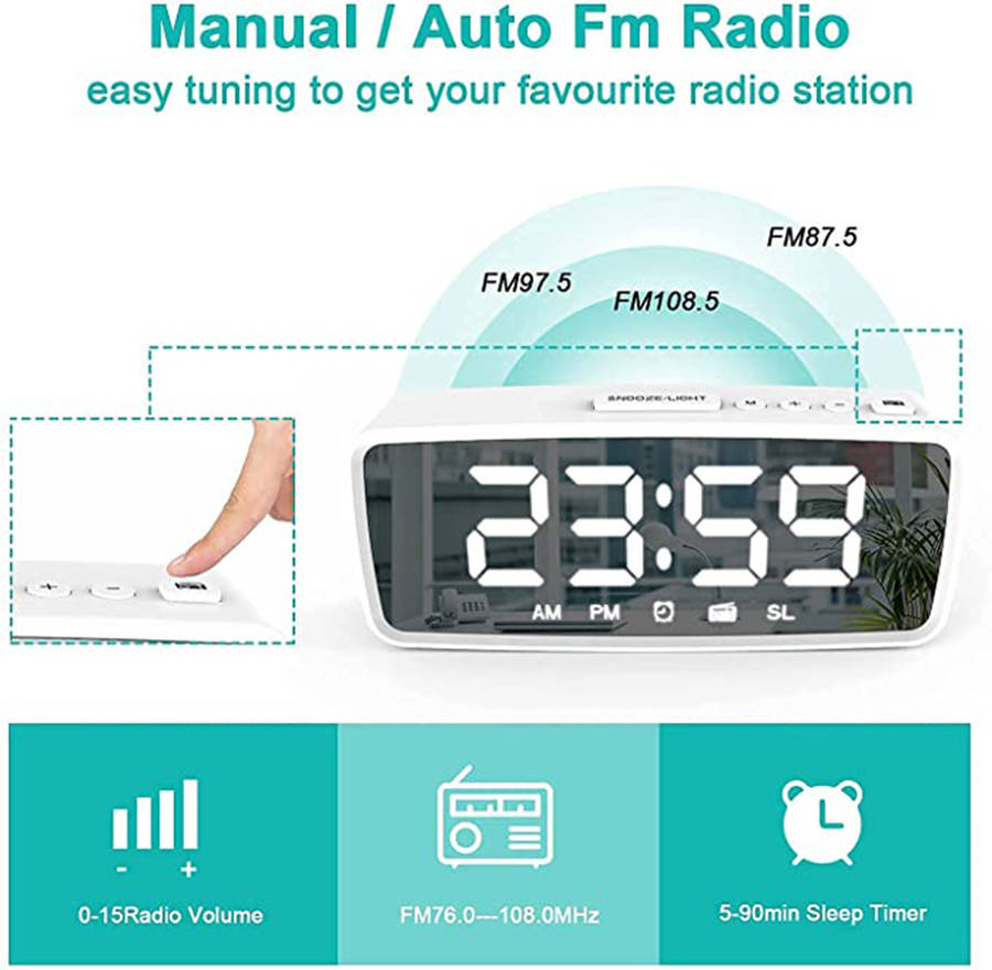 Digital Alarm LED Mirror Clock with FM Radio Snooze 3 Levels Dimmer - White