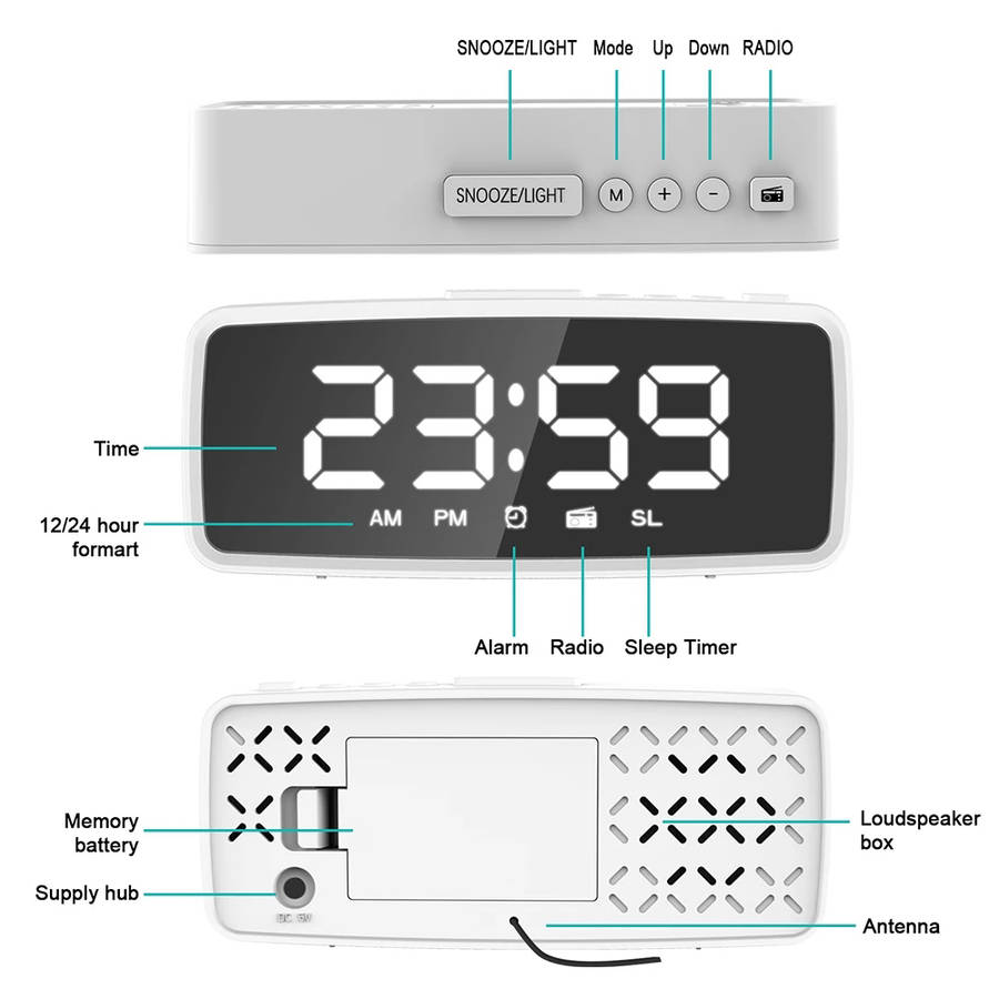 Digital Alarm LED Mirror Clock with FM Radio Snooze 3 Levels Dimmer - White